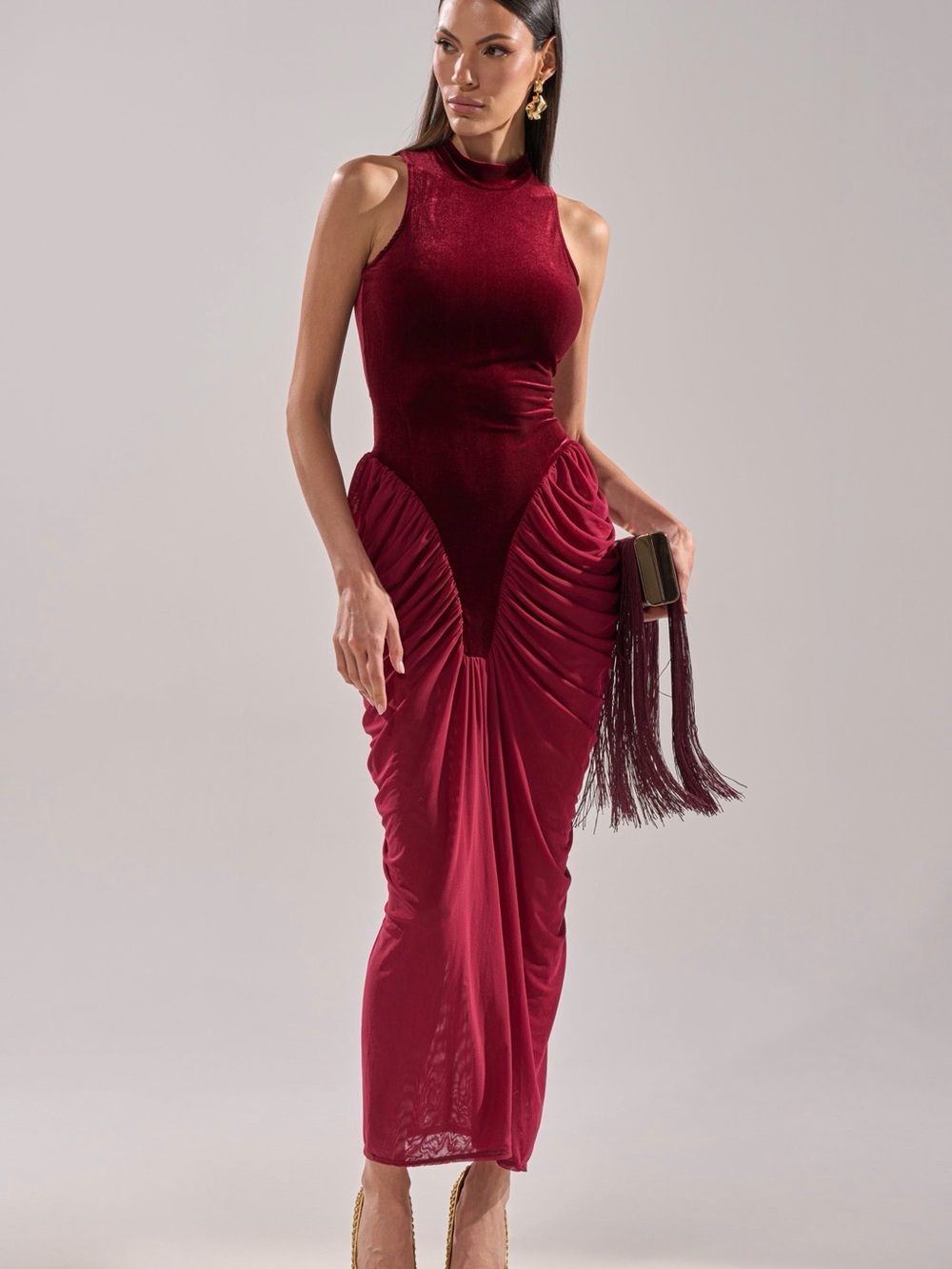 AKIRA Sleeveless Burgundy Ruched Maxi Dress